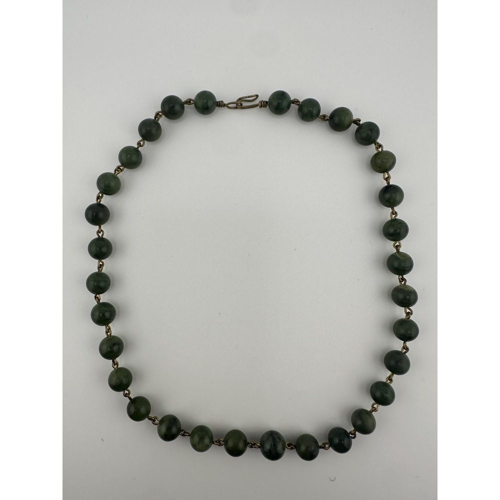 Vintage 70s Canadian Spinach Green Nephrite Jade Hand Wire-Wrapped Brass Choker